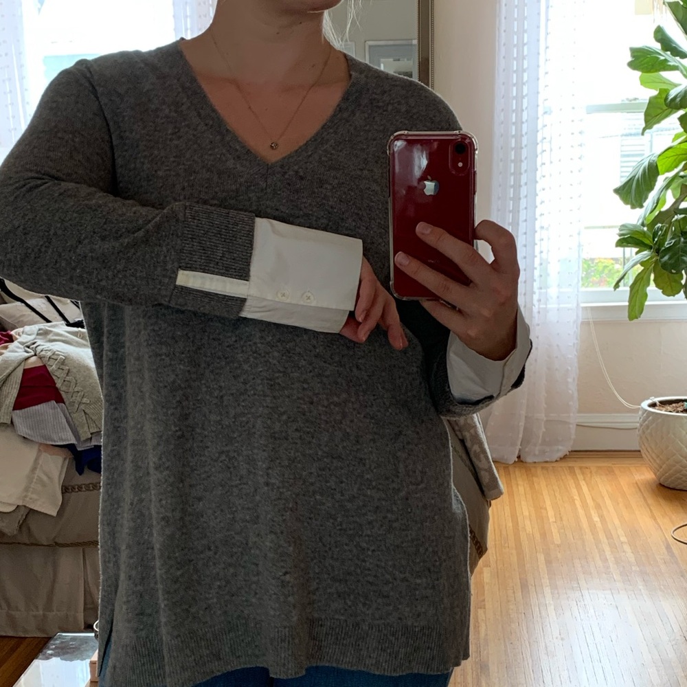 J. Crew v neck grey sweater with shirt cuffs - Picture 2 of 3